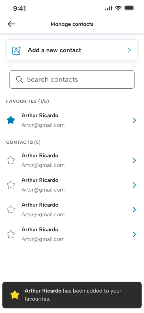 Contact list with one favourite separated to the top of the list