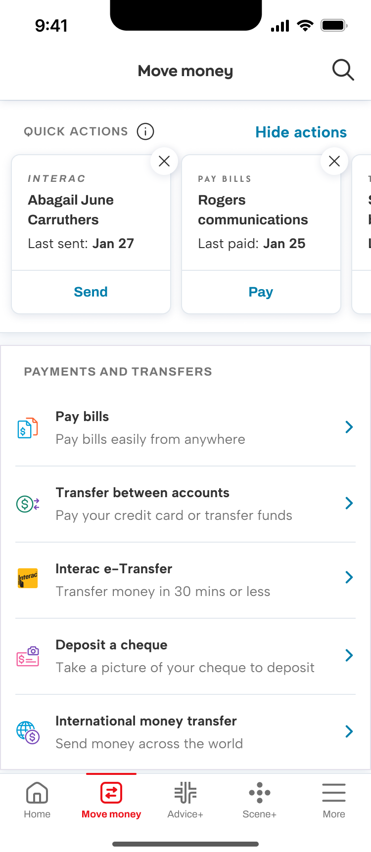 Carousel of quick actions