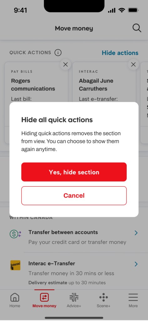 The user hides the quick actions carousel, this screen informs them how to display it again.