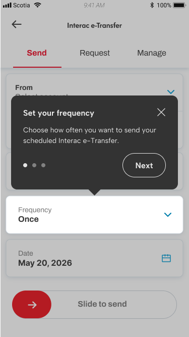 Coachmark to onboard users into new recurring transfer features.