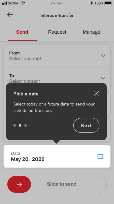Coachmark to onboard users into new recurring transfer features.