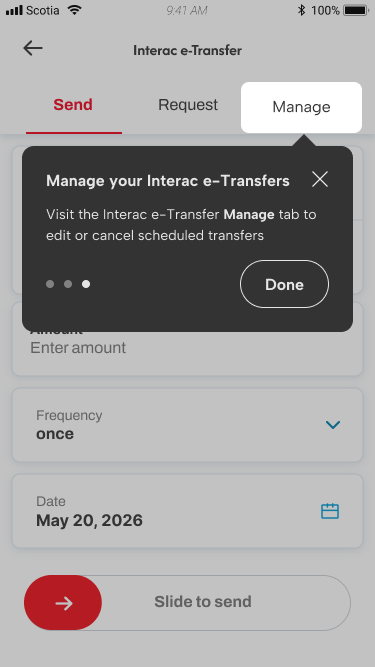 Coachmark to onboard users into new recurring transfer features.