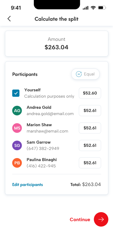 Calculate an equal or custom split