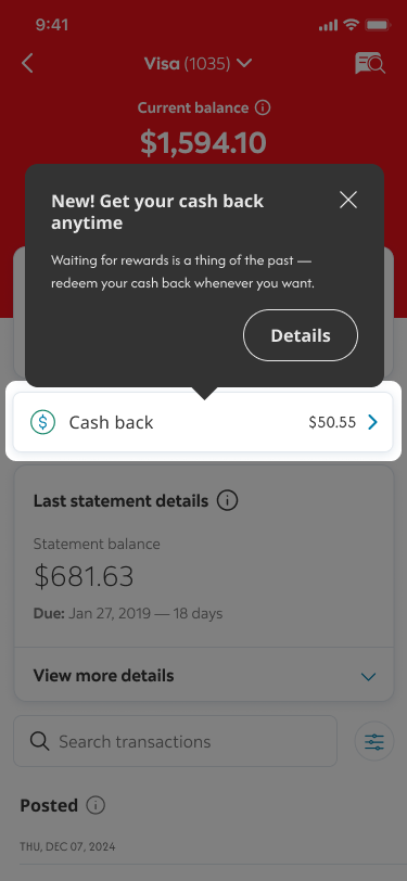 A screen from a banking app with a tutorial showing where to find the cash back redemption.