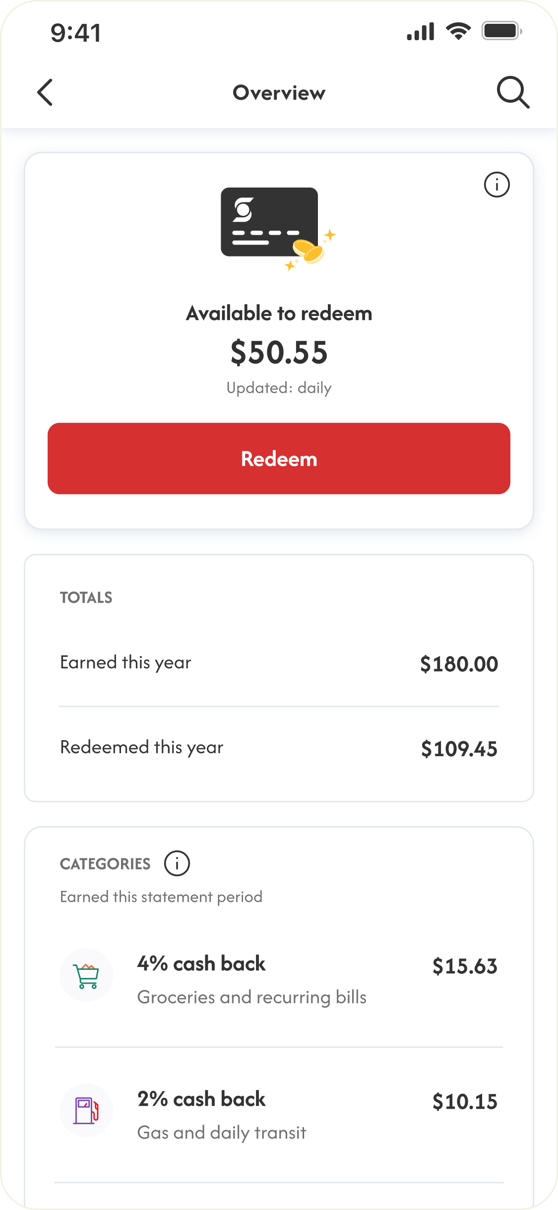 A banking app screen displaying cash back totals earned in different purchase categories