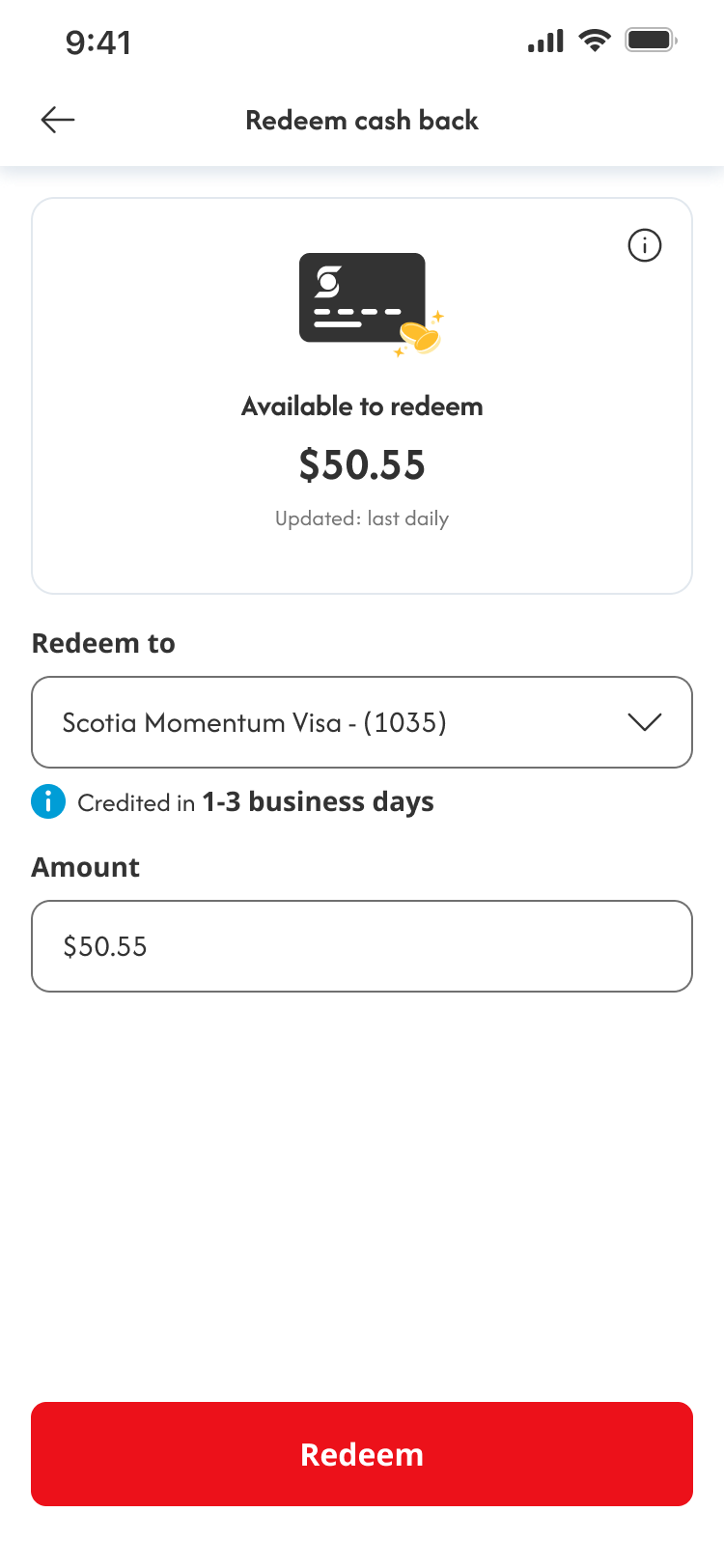 A banking app screen where a user is redeeming their cash back balance to a Visa account